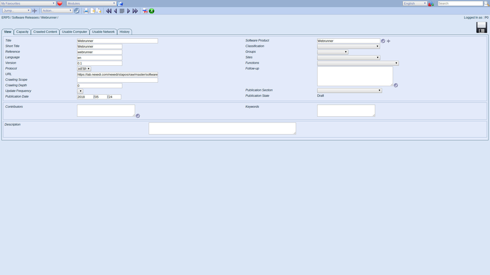 ERP5 Interface - Administrator Define Software Release Webrunner