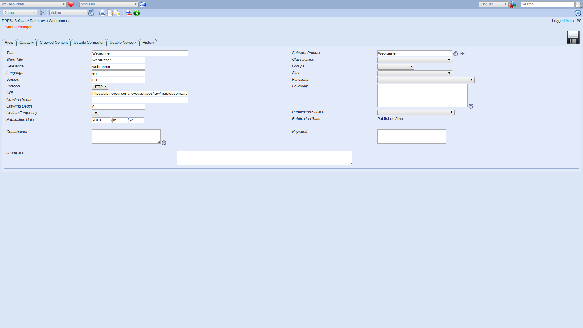 ERP5 Interface - Administrator Published Software Release Webrunner