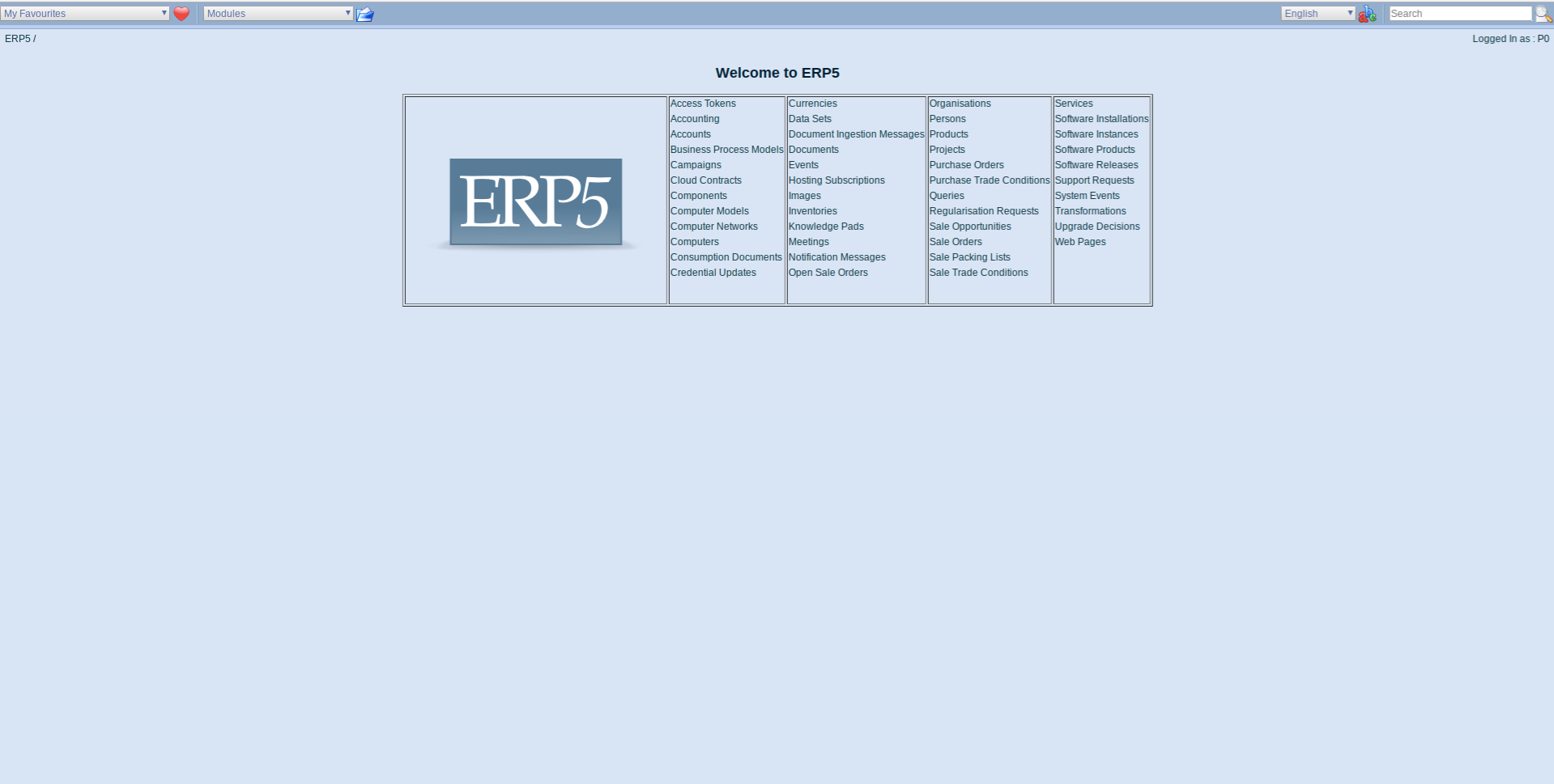 ERP5 Interface - Administrator Homescreen